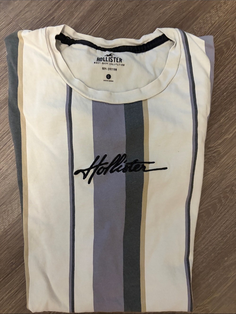 Hollister Cream Short-Sleeve Tee with Gray and Blue Stripes